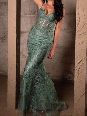 NWT May Queen RQ8138 Embroidered Prom Dress Sage Size 6